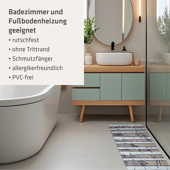 Akzente Fußmatte Feel - Mehrfarbig, Motiv / Muster - Rechteckiger Badteppich mit grau-weiß-braunem Streifenmuster auf Badezimmerboden.