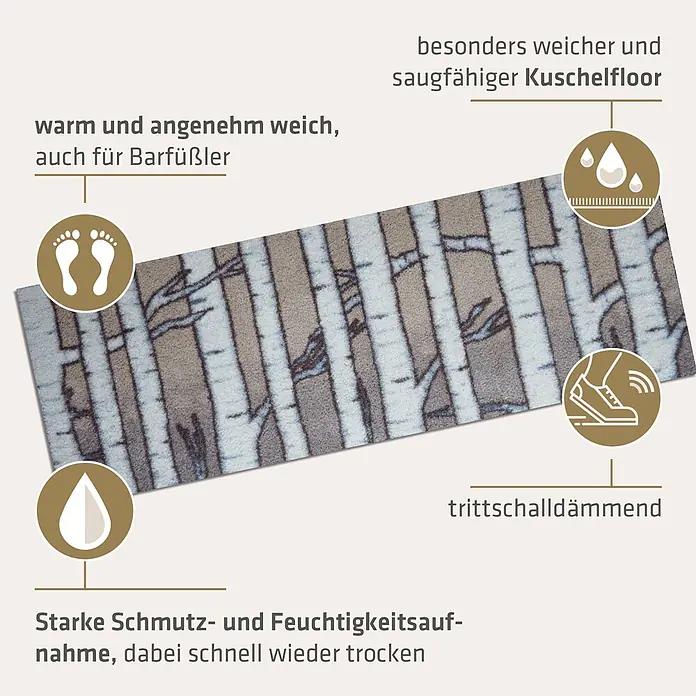 Akzente Fußmatte Feel - Mehrfarbig, Motiv / Muster - Ein weicher, warmer und saugfähiger Läufer mit Birkenmuster, ideal für Barfußkomfort und Schalldämmung.