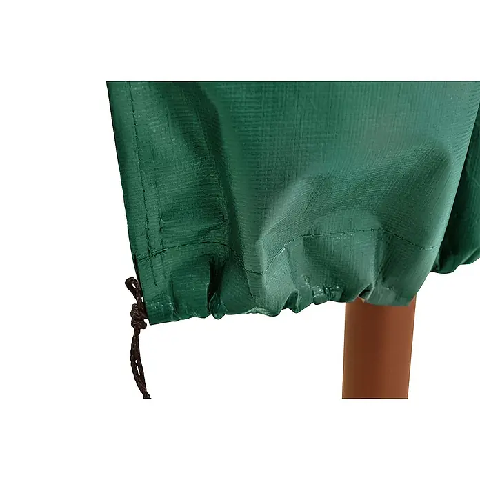 Schutzhülle Sonnenschirm 215 cm für Schirme bis d= 3,5 Universal -  - Dunkelgrüne, texturierte Plane, die ein Objekt bedeckt und unten mit einem braunen Kordelzug gerafft ist.