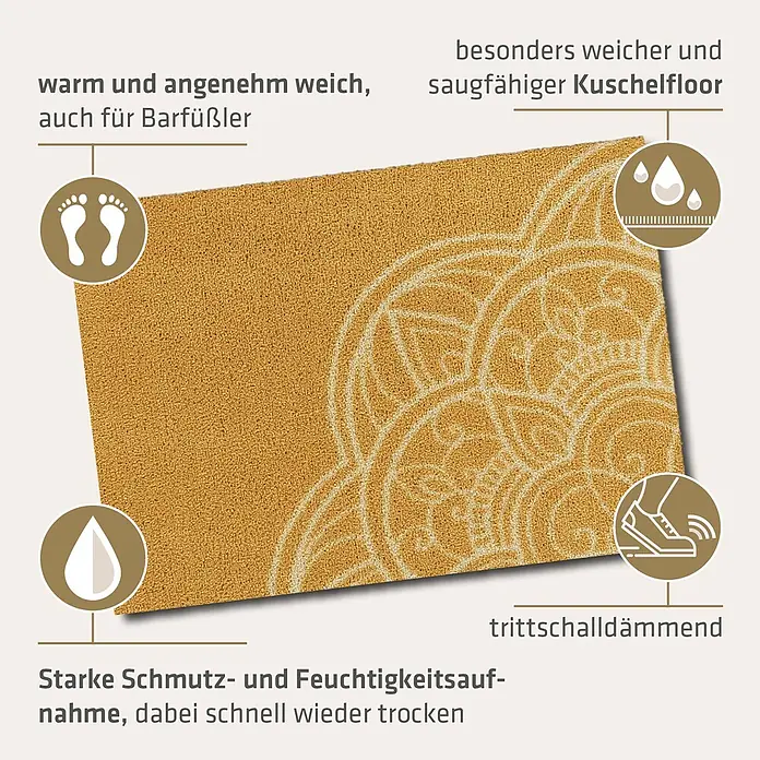 Akzente Fußmatte Feel - Mehrfarbig, Motiv / Muster - Senfgelbe Fußmatte mit Mandalamuster, weich, saugfähig und trittschalldämmend.