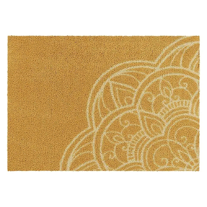 Akzente Fußmatte Feel - Mehrfarbig, Motiv / Muster - Senfgelbe strukturierte Fußmatte mit hellem beigem Mandala-Muster in der unteren rechten Ecke.