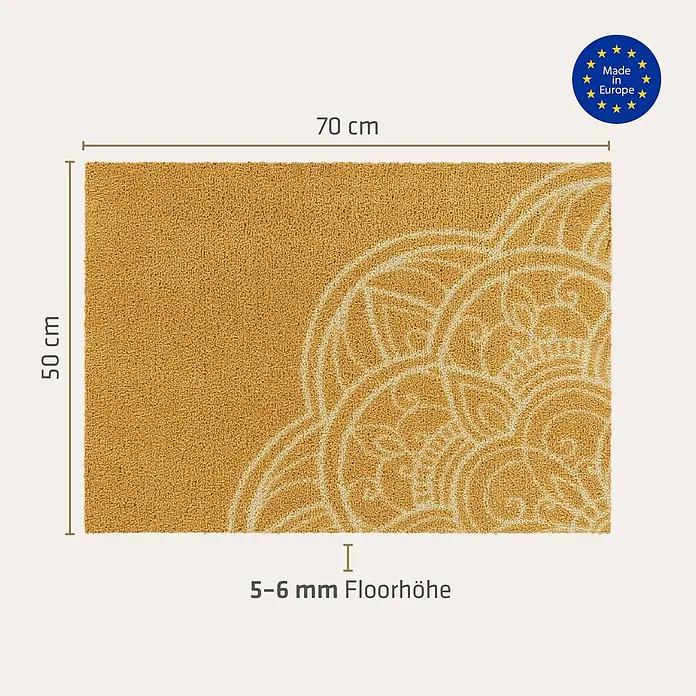 Akzente Fußmatte Feel - Mehrfarbig, Motiv / Muster - Ockerfarbene Fußmatte, 70x50 cm, mit hellem Mandalamuster. 5-6 mm Florhöhe. Made in Europe.