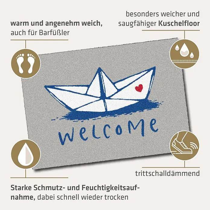 Akzente Fußmatte Feel - Mehrfarbig, Motiv / Muster|Schriftzug - Graue Fußmatte mit blauem Papierboot, 'WELCOME'-Design. Weicher, saugfähiger, schnelltrocknender, trittschalldämmender Kuschelflor für Wärme, Schmutzfang.
