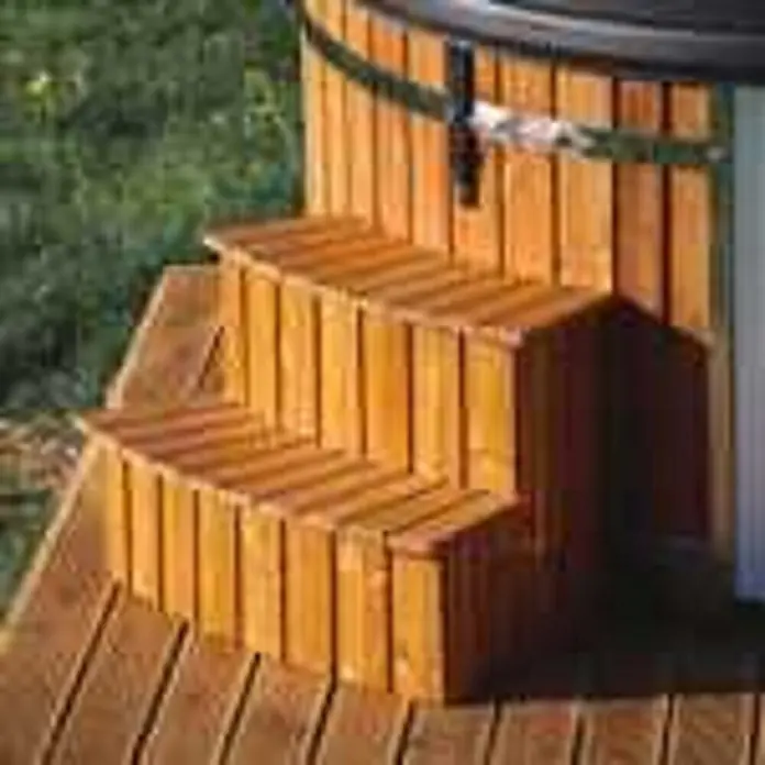 Loocone Hot Tub Hot Tub Acryl 200 cm V4A Holzofen - 200 cm, Max. Personenzahl: 5 Stk. - Hellbraune Holzstufen, passgenau für einen runden Whirlpool oder ein Spa, für sicheren Zugang.