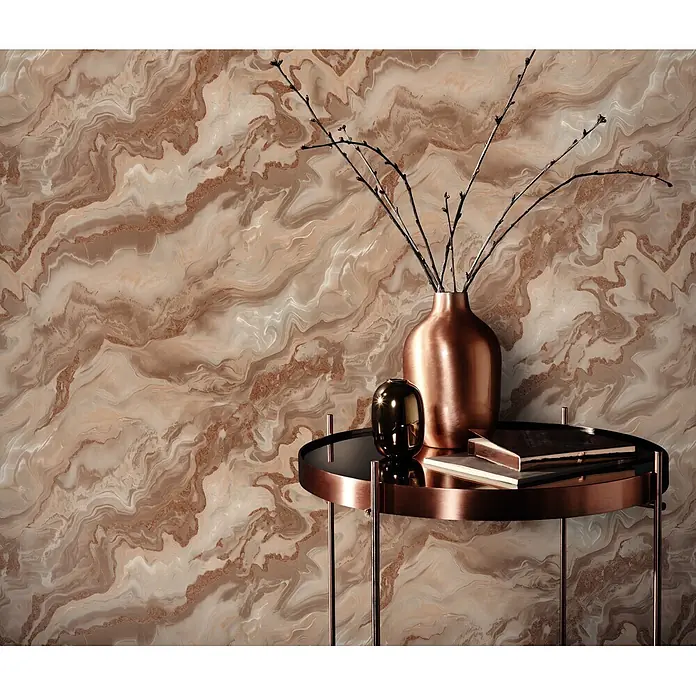 Papel pintado Mármol - Salmón, 10 x 0,53 m - Papel pintado marmoleado marrón y beige con detalles de oro rosa, en una habitación elegante.