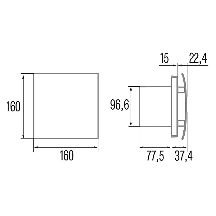 Cata Extractor mural UC-10 Silentis - Blanco, 9,66 cm, Potencia de aire: 105 m³/h - Dibujo técnico de una rejilla de ventilación cuadrada, 160x160 mm, con dimensiones generales y de conducto.