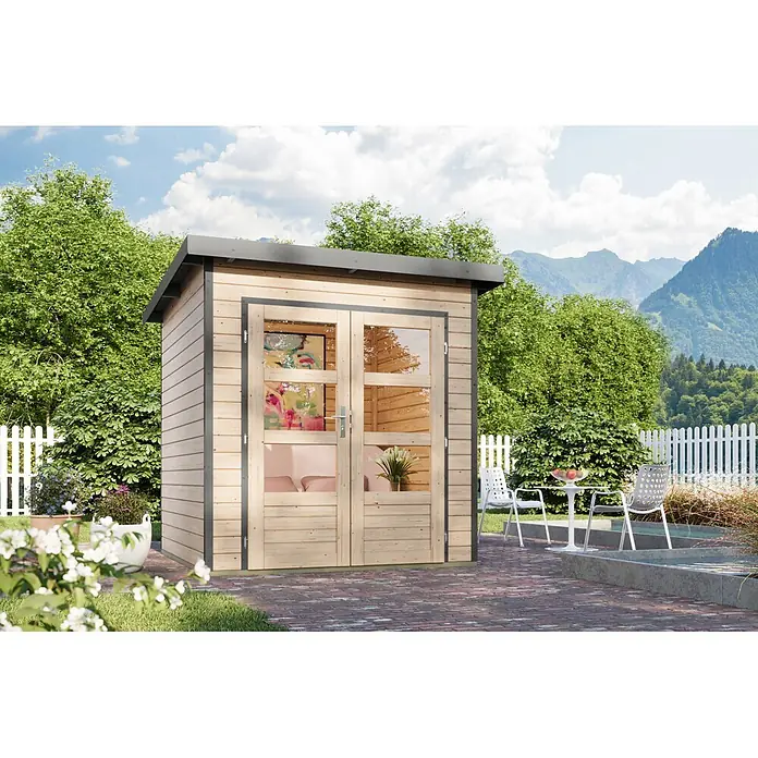 Karibu Gartenhaus Pluto 1 A - Außenmaß inkl. Dachüberstand (B x T): 229 x 228 cm, Holz, Naturbelassen/Grau - Gartenschuppen aus Holz mit doppelten Glastüren und dunklem Dach, auf einer Terrasse im Garten gelegen.