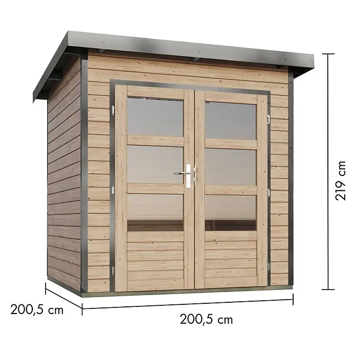 Karibu Gartenhaus Pluto 1 A - Außenmaß inkl. Dachüberstand (B x T): 229 x 228 cm, Holz, Naturbelassen/Grau - Gartenhaus aus Holz mit Doppeltüren aus Glas, grauem Dach und Metallzierleisten, Maße 200,5x200,5x219 cm.