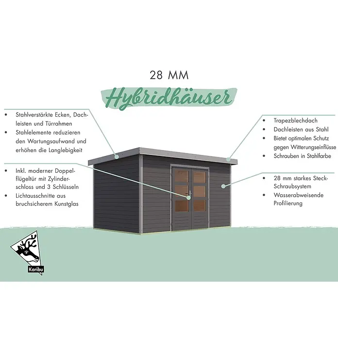 Karibu Gartenhaus Pluto 1 A - Außenmaß inkl. Dachüberstand (B x T): 229 x 228 cm, Holz, Naturbelassen/Anthrazit - Dunkelgraues 28mm Hybrid-Gartenhaus mit Flügeltür, stahlverstärkten Elementen und Trapezblechdach.