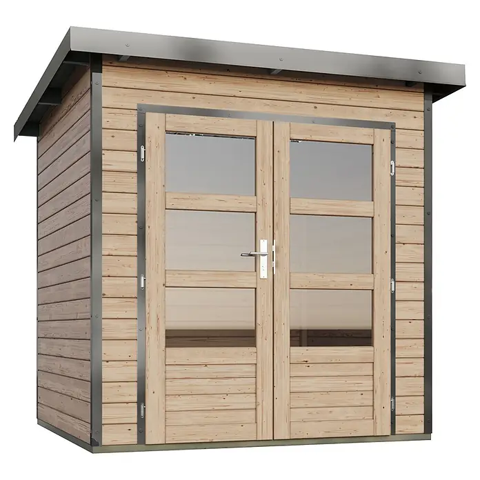 Karibu Gartenhaus Pluto 1 A - Außenmaß inkl. Dachüberstand (B x T): 229 x 228 cm, Holz, Naturbelassen/Grau - Geräteschuppen aus Holz mit Glastüren und Metall-Flachdach.