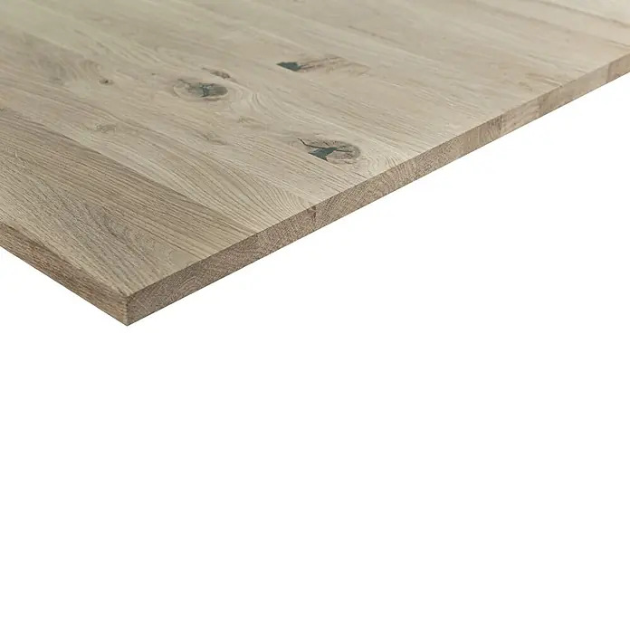 Leimholzplatte Eiche Rustic - Eiche, Qualitätsstufe Leimholzplatte: B/C, 3.000 x 1.210 x 20 mm - Massive helle Eichenholzplatte mit natürlicher Maserung und dunklen Astfüllungen.