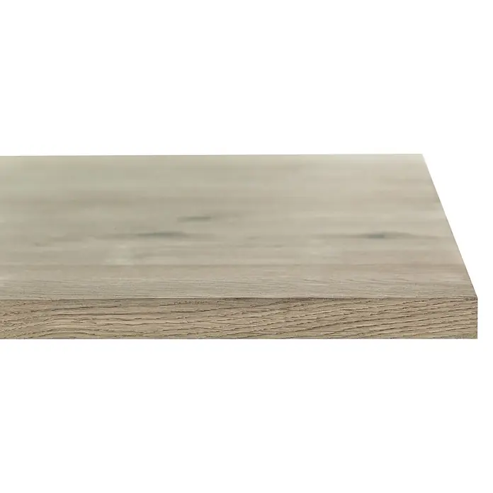 Leimholzplatte Eiche Rustic - Eiche, Qualitätsstufe Leimholzplatte: B/C, 3.000 x 1.210 x 20 mm - Helle Holzoberfläche mit sichtbarer Maserung, in perspektivischer Ansicht.