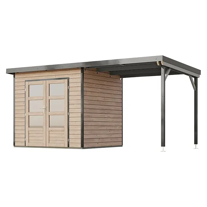 Karibu Gartenhaus Pluto 2 A - Außenmaß inkl. Dachüberstand (B x T): 487 x 228 cm, Holz, Naturbelassen/Grau - Gartenhaus aus Holz mit Doppeltür und angebautem grauen Metall-Vordach.