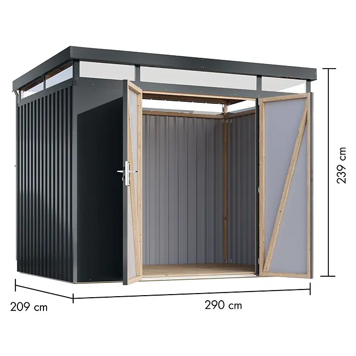 Karibu Gerätehaus Aurum 3 - Außenmaß inkl. Dachüberstand (B x T): 298 x 215 cm, Metall, Anthrazit - Dunkelgrauer Metall-Gartenschuppen mit Holzboden und geöffneten Doppeltüren, Maße 290x209x239 cm.