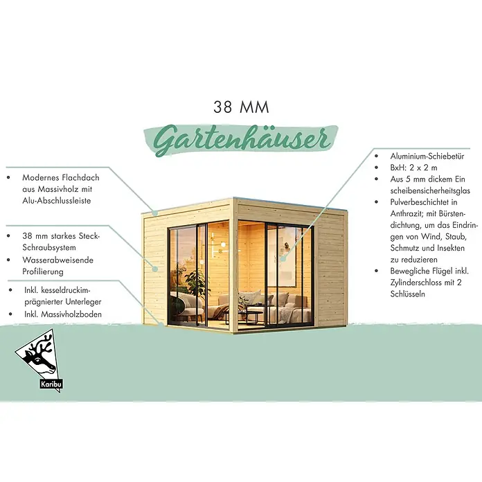 Karibu Gartenhaus Dice 3 - Außenmaß inkl. Dachüberstand (B x T): 308 x 3.082 cm, Holz, Naturbelassen - Modernes Holz-Gartenhaus mit Flachdach, 38mm Wänden und großen anthrazitfarbenen Aluminium-Glasschiebetüren.