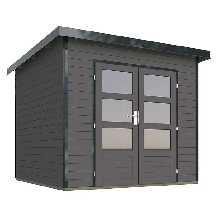 Karibu Gartenhaus Pluto 3 B - Holz, Terragrau/Anthrazit - Dunkelgraues Gartenhaus mit Holzoptik-Verkleidung, Flachdach und Doppeltüren mit Glaspaneelen.