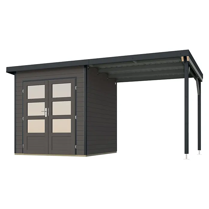 Karibu Gartenhaus Pluto 1 B - Außenmaß inkl. Dachüberstand (B x T): 447 x 228 cm, Holz, Terragrau/Anthrazit - Dunkelgraues Gartenhaus mit Doppeltür und integriertem Seiten-Carport.