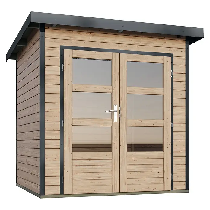 Karibu Gartenhaus Pluto 1 A - Außenmaß inkl. Dachüberstand (B x T): 229 x 228 cm, Holz, Naturbelassen/Anthrazit - Gartenschuppen aus Holz mit Naturholzoptik, dunkelgrauen Akzenten und Doppeltüren mit Glas.