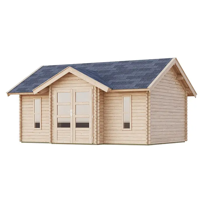 Karibu Gartenhaus Nordland - Außenmaß inkl. Dachüberstand (B x T): 548 x 440 cm, Holz, Naturbelassen - Helle Holzgartenhütte mit grauem Schindeldach, doppelt verglasten Türen und zwei hohen Seitenfenstern.