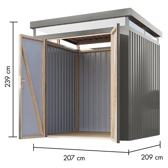 Karibu Gerätehaus Aurum 2 - Außenmaß inkl. Dachüberstand (B x T): 215 x 215 cm, Metall, Graualuminium - Dunkelgraues Metall-Gartenhaus mit offenem Holztürrahmen, sichtbarer Innenausstattung und Maßen (H 239 cm, B 207 cm, T 209 cm).