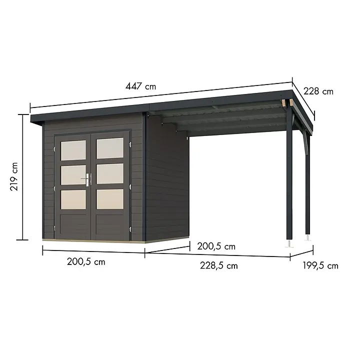 Karibu Gartenhaus Pluto 1 B - Außenmaß inkl. Dachüberstand (B x T): 447 x 228 cm, Holz, Terragrau/Anthrazit - Dunkelgraues Gartenhaus mit angebautem Carport, Maße sichtbar.