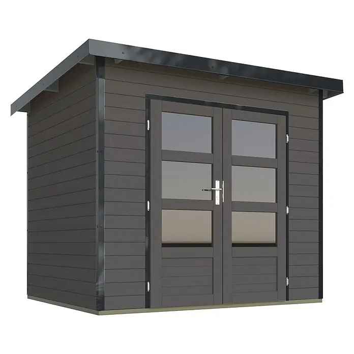 Karibu Gartenhaus Pluto 2 B - Außenmaß inkl. Dachüberstand (B x T): 267 x 228 cm, Holz, Terragrau/Anthrazit - Dunkelgraues Gartenhaus aus Holz mit schrägem schwarzem Dach und doppelten Türen mit Glasfeldern, mit silbernem Griff.