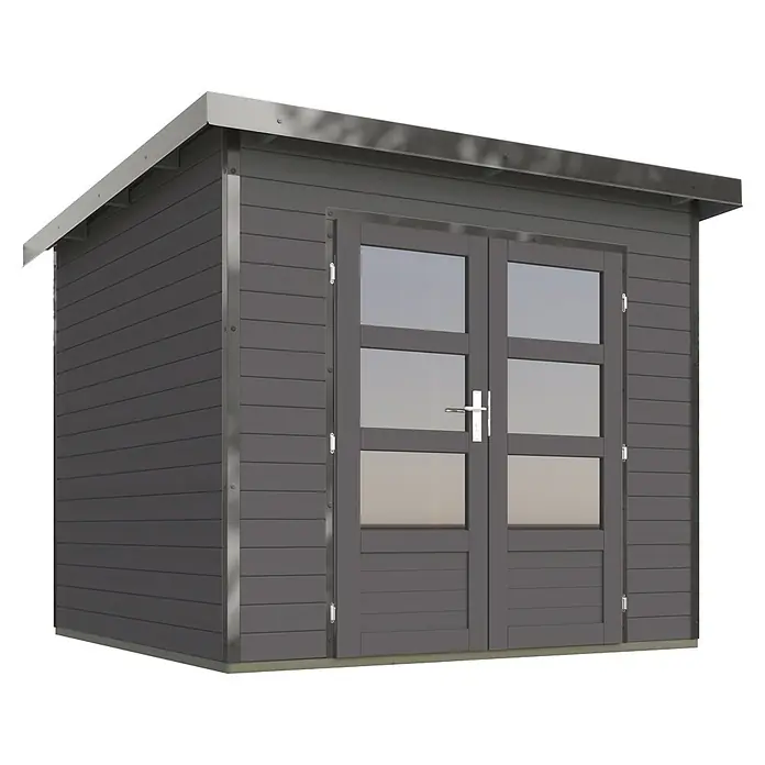 Karibu Gartenhaus Pluto 3 B - Außenmaß inkl. Dachüberstand (B x T): 267 x 266 cm, Holz, Terragrau/Grau - Dunkelgraues Komposit Gartenhaus mit doppelten Glastüren und Metallverkleidung.