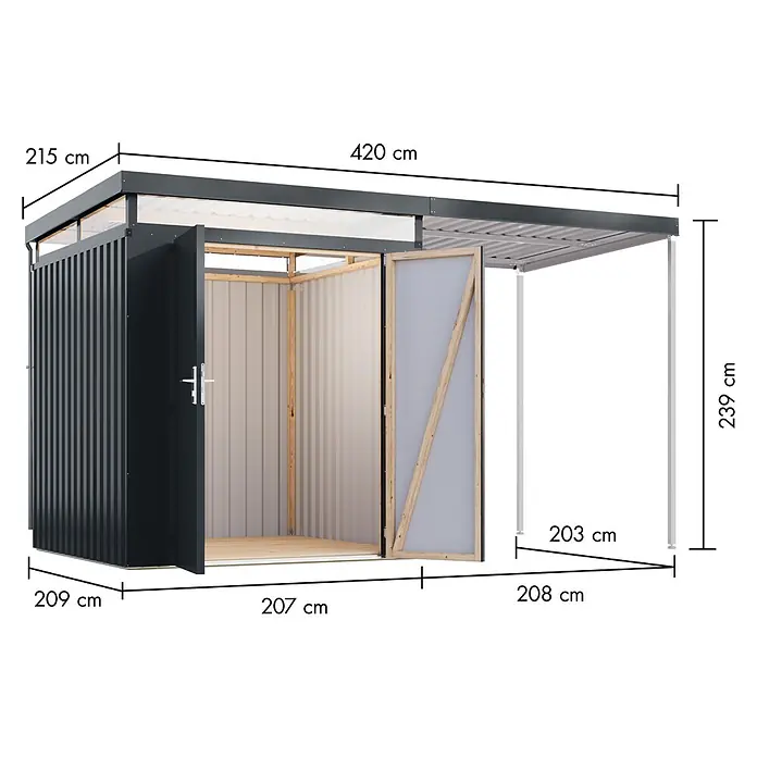 Karibu Gerätehaus Aurum 2 mit Anbaudach - Außenmaß inkl. Dachüberstand (B x T): 420 x 215 cm, Metall, Anthrazit - Dunkelgrauer Metallschuppen mit geöffneten Türen, beigem Innenraum, Holzfußboden und angebautem Vordach mit Stützen.