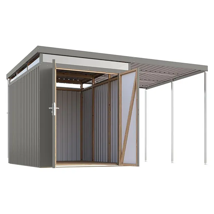 Karibu Gerätehaus Aurum 2,5 mit Anbaudach - Außenmaß inkl. Dachüberstand (B x T): 420 x 298 cm, Metall, Graualuminium - Grauer Wellblechschuppen mit offener Tür und angeschlossenem Dachvordach.
