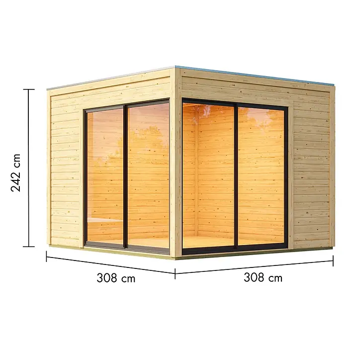 Karibu Gartenhaus Dice 3 - Außenmaß inkl. Dachüberstand (B x T): 308 x 3.082 cm, Holz, Naturbelassen - Modernes Gartenhaus aus hellem Holz mit Eck-Glasschiebetüren. Maße: H242cm x B308cm x T308cm.