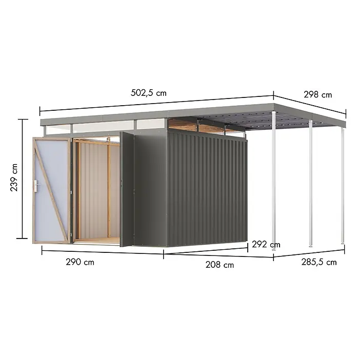 Karibu Gerätehaus Aurum 3,5 mit Anbaudach - Außenmaß inkl. Dachüberstand (B x T): 502,5 x 298 cm, Metall, Graualuminium - Grauer Metallschuppen mit integriertem Carport, mit Maßangaben dargestellt.
