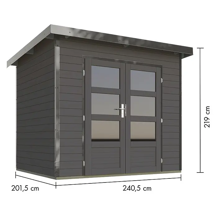 Karibu Gartenhaus Pluto 2 B - Außenmaß inkl. Dachüberstand (B x T): 267 x 228 cm, Holz, Terragrau/Grau - Dunkelgraues Gartenhaus mit Doppeltür, Glas und Flachdach, 240,5x201,5x219 cm.