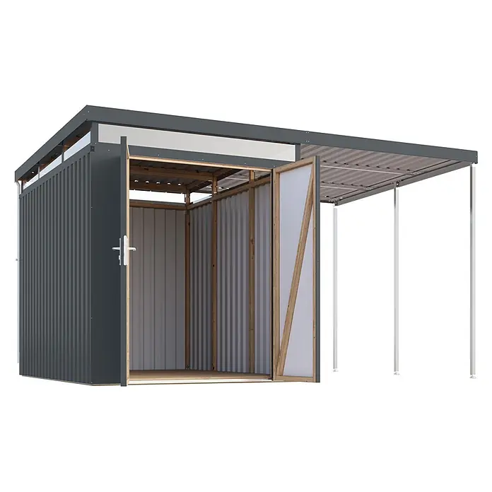 Karibu Gerätehaus Aurum 2,5 mit Anbaudach - Außenmaß inkl. Dachüberstand (B x T): 420 x 298 cm, Metall, Anthrazit - Dunkelgrauer Wellblechschuppen mit offener Tür und Vordach, mit internem Holzrahmen und lichtdurchlässigen oberen Paneelen.