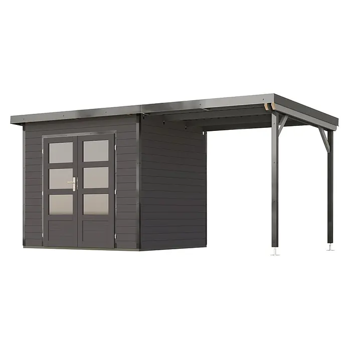 Karibu Gartenhaus Pluto 2 B - Außenmaß inkl. Dachüberstand (B x T): 487 x 228 cm, Holz, Terragrau/Grau - Dunkelgrauer Holzschuppen mit Doppeltüren und einem angebauten grauen Metallcarport.