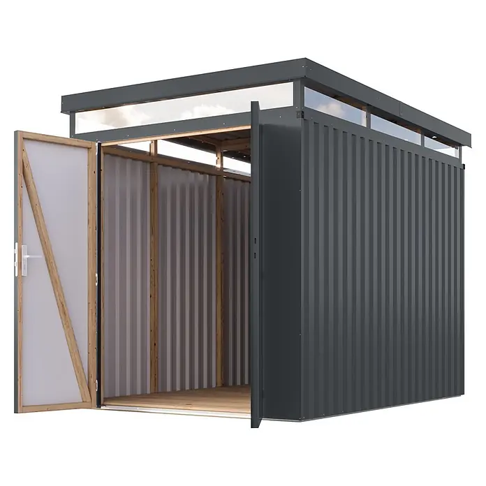 Karibu Gerätehaus Aurum 2,5 - Außenmaß inkl. Dachüberstand (B x T): 215 x 298 cm, Metall, Anthrazit - Dunkelgraues Wellblech-Lagerhaus mit offenen Türen, Holzrahmen innen und transparenten Dachpaneelen.
