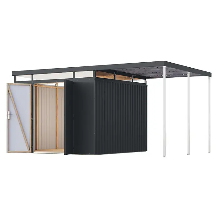 Karibu Gerätehaus Aurum 3,5 mit Anbaudach - Außenmaß inkl. Dachüberstand (B x T): 502,5 x 298 cm, Metall, Anthrazit - Modulares, dunkelgraues Wellblech-Gerätehaus mit geöffneter Tür, innen Holzrahmen, und integriertem Carport-Vordach mit weißen Stützen.