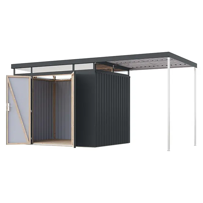 Karibu Gerätehaus Aurum 3 mit Anbaudach - Außenmaß inkl. Dachüberstand (B x T): 502,5 x 215 cm, Metall, Anthrazit - Dunkelgrauer Wellblechschuppen mit offener Holztür und integriertem Carport, der von weißen Pfosten gestützt wird.