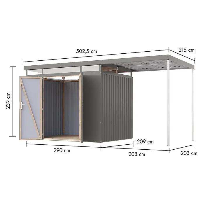 Karibu Gerätehaus Aurum 3 mit Anbaudach - Außenmaß inkl. Dachüberstand (B x T): 502,5 x 215 cm, Metall, Graualuminium - Grauer Metall-Gartenschuppen mit offener Holztür und integriertem Carport auf weißen Stützen.