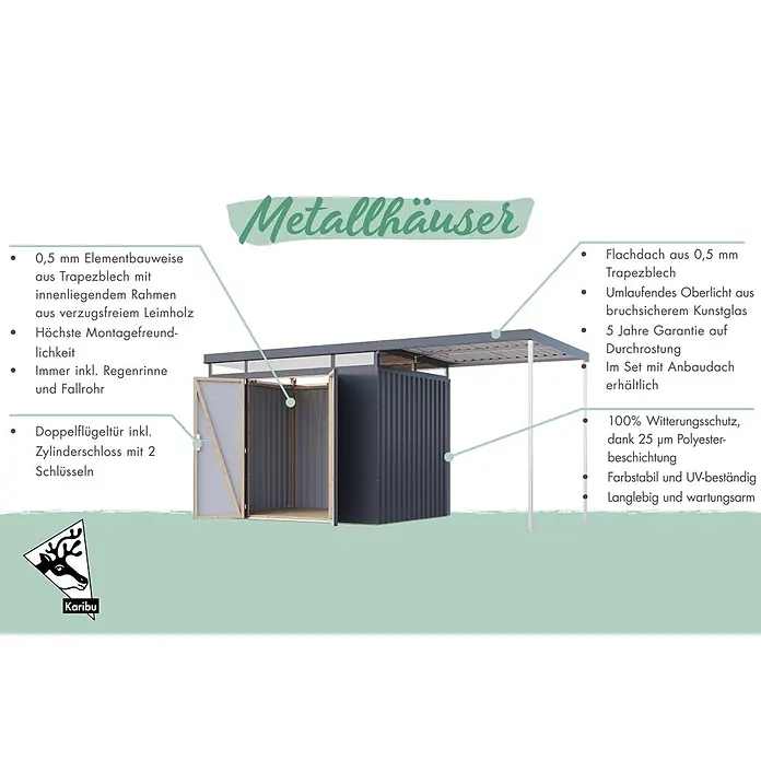 Karibu Gerätehaus Aurum 2 - Außenmaß inkl. Dachüberstand (B x T): 215 x 215 cm, Metall, Anthrazit - Dunkelgraues Metallhaus mit Flachdach und offenem Anbaudach, ausgestattet mit Doppelflügeltür.
