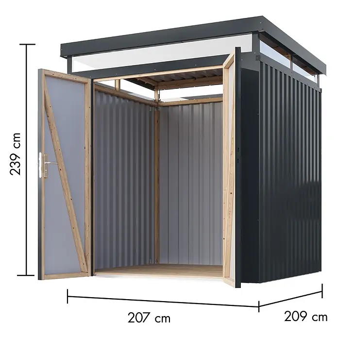 Karibu Gerätehaus Aurum 2 - Außenmaß inkl. Dachüberstand (B x T): 215 x 215 cm, Metall, Anthrazit - Dunkelgraues Wellblech-Gartenhaus mit Holzrahmen und geöffneten Doppeltüren, das Innere und Maße zeigt.