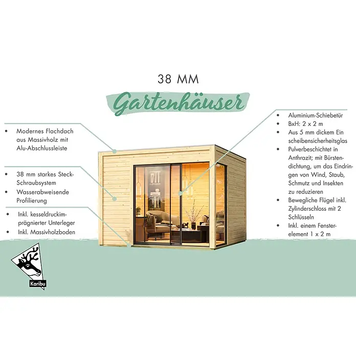 Karibu Gartenhaus Dice 1 - Außenmaß inkl. Dachüberstand (B x T): 308 x 308 cm, Holz, Naturbelassen - Modernes Holz-Gartenhaus mit Flachdach, großer anthrazitfarbener Glasschiebetür und Seitenfenster.