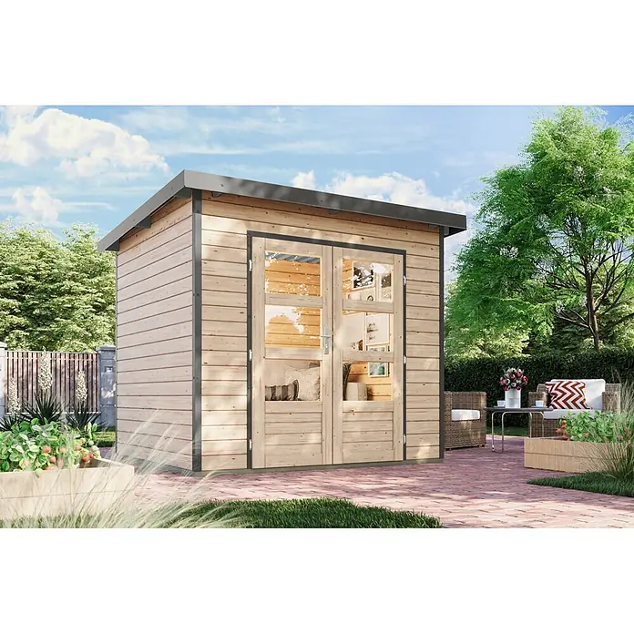 Karibu Gartenhaus Pluto 2 A - Außenmaß inkl. Dachüberstand (B x T): 267 x 228 cm, Holz, Naturbelassen/Grau - Modernes Gartenhaus aus hellem Holz mit grauen Akzenten und Doppeltüren, auf einer Terrasse im Garten.