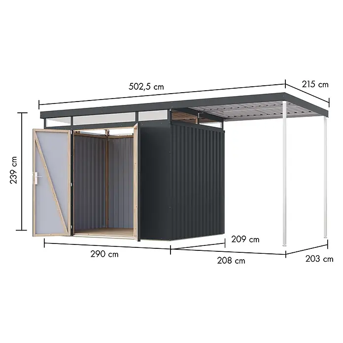 Karibu Gerätehaus Aurum 3 mit Anbaudach - Außenmaß inkl. Dachüberstand (B x T): 502,5 x 215 cm, Metall, Anthrazit - Dunkelgrauer Metall-Geräteschuppen kombiniert mit einem angehängten offenen Carport.
