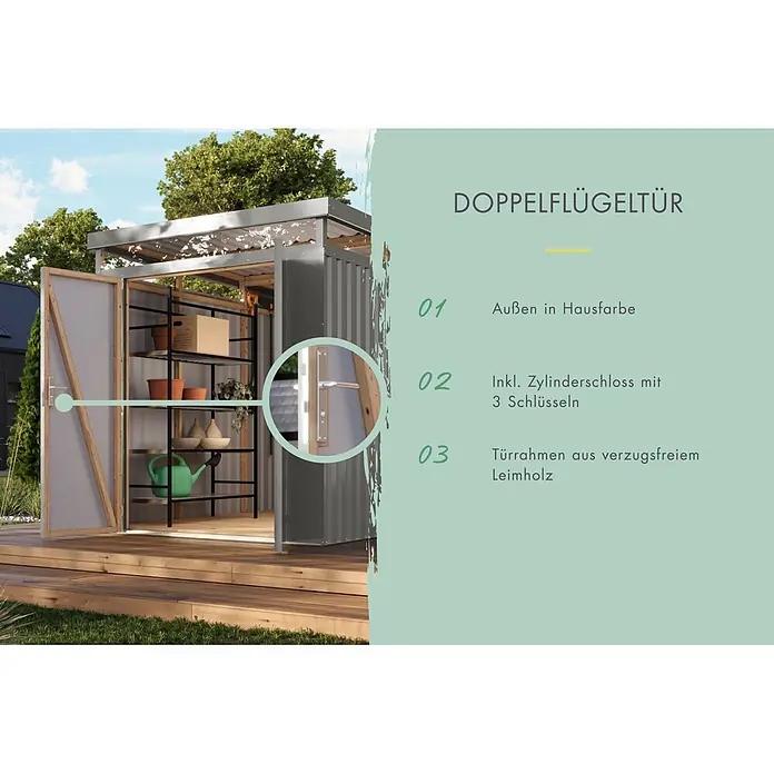 Karibu Gerätehaus Aurum 2 - Außenmaß inkl. Dachüberstand (B x T): 215 x 215 cm, Metall, Graualuminium - Offene Doppelflügeltür eines Gartenhauses mit Leimholzrahmen, innen mit Regalen und Türgriff mit Schloss.
