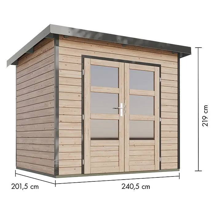 Karibu Gartenhaus Pluto 2 A - Außenmaß inkl. Dachüberstand (B x T): 267 x 228 cm, Holz, Naturbelassen/Grau - Natürliches Holzgartenhaus mit doppelten Glastüren, flachem dunklem Dach und Metallrahmenakzenten.