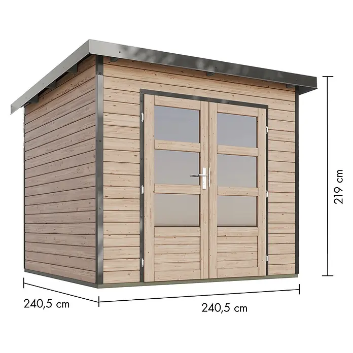 Karibu Gartenhaus Pluto 3 A - Außenmaß inkl. Dachüberstand (B x T): 267 x 266 cm, Holz, Naturbelassen/Grau - Helles Gartenhaus aus Holz mit dunkelgrauem Metallrahmen, doppelten Glastüren und dunkelgrauem Metalldach, 240,5x240,5x219 cm.