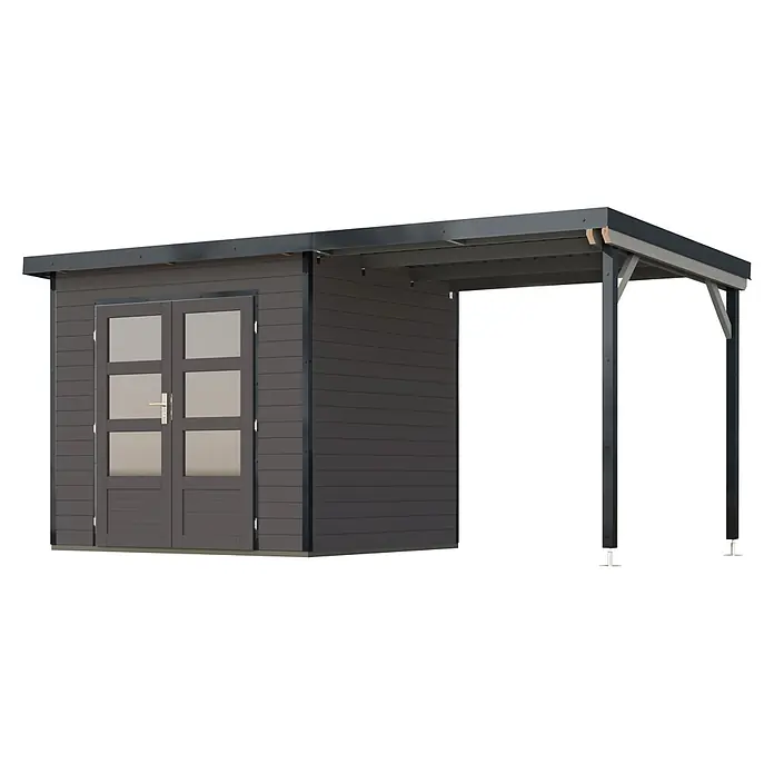 Karibu Gartenhaus Pluto 2 B - Außenmaß inkl. Dachüberstand (B x T): 487 x 228 cm, Holz, Terragrau/Anthrazit - Dunkelgrauer Holz-Gartenschuppen mit Glastüren und integriertem offenem Carport/Vordach.