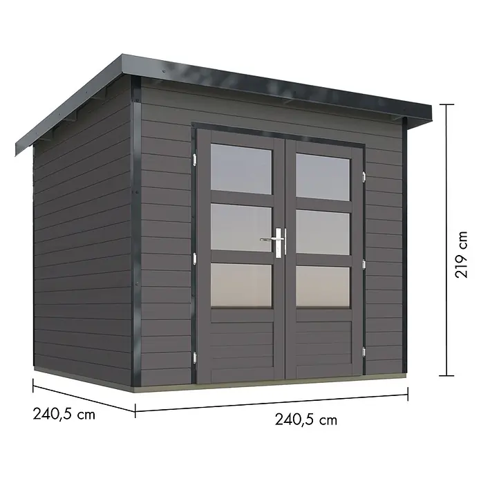 Karibu Gartenhaus Pluto 3 B - Holz, Terragrau/Anthrazit - Dunkelgraues Gartenhaus mit doppelten Glastüren und Pultdach. Maße: 240,5x240,5x219 cm.