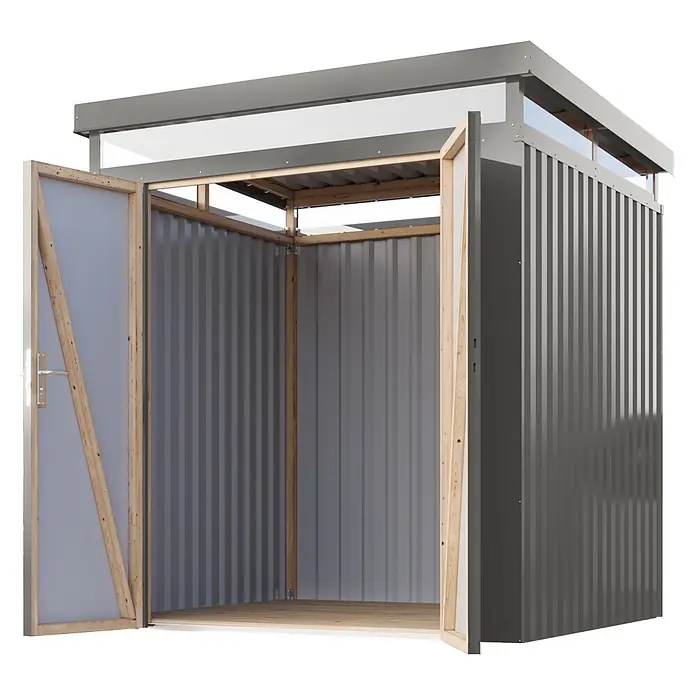 Karibu Gerätehaus Aurum 2 - Außenmaß inkl. Dachüberstand (B x T): 215 x 215 cm, Metall, Graualuminium - Moderner grauer Metall-Geräteschuppen mit offenen Doppeltüren, Holzrahmen und durchscheinenden Dachpaneelen.