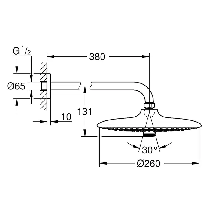 Grohe Euphoria 260 Kopfbrausen-Set - Durchmesser: 26 cm, 9,5 l/min, Wandmontage, Chrom - Technische Zeichnung eines Duschkopfes mit Maßangaben für Installation und Design, inklusive Durchmesser und Länge der Armatur.